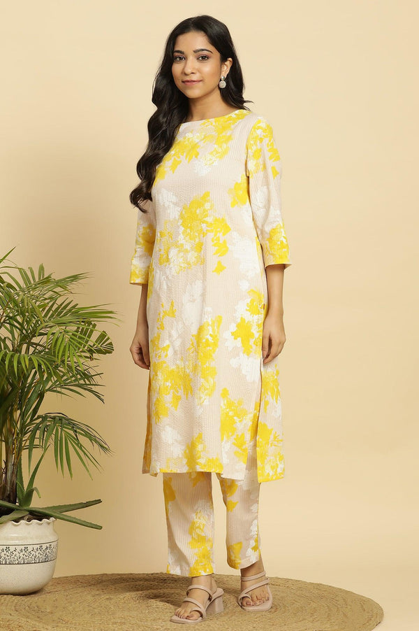 Off White Floral Printed Textured Cotton Kurta and Pants Set