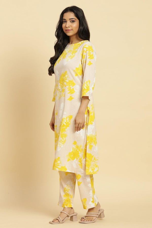 Off White Floral Printed Textured Cotton Kurta and Pants Set