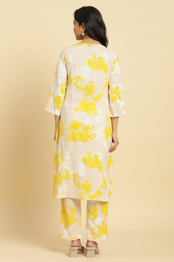 Off White Floral Printed Textured Cotton Kurta and Pants Set