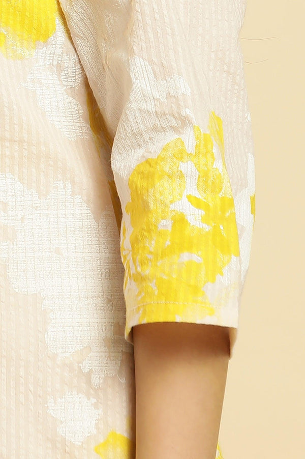 Off White Floral Printed Textured Cotton Kurta and Pants Set