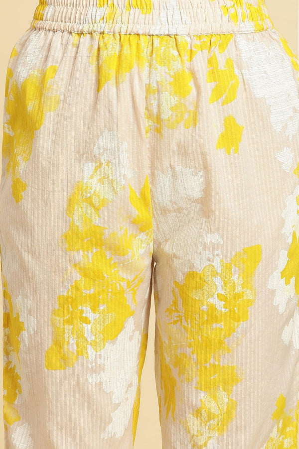 Off White Floral Printed Textured Cotton Kurta and Pants Set