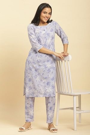 Purple Floral Printed Cotton Kurta And Pants Co-Ord Set - XS