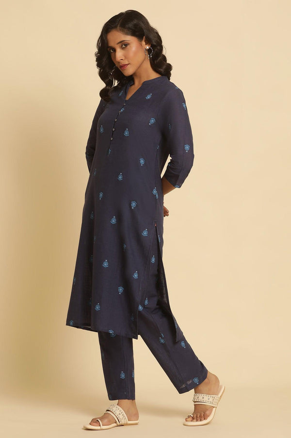 Navy Blue Printed Cotton Kurta And Pants Set