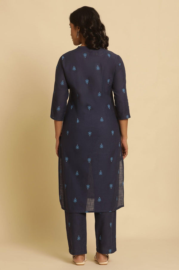 Navy Blue Printed Cotton Kurta And Pants Set