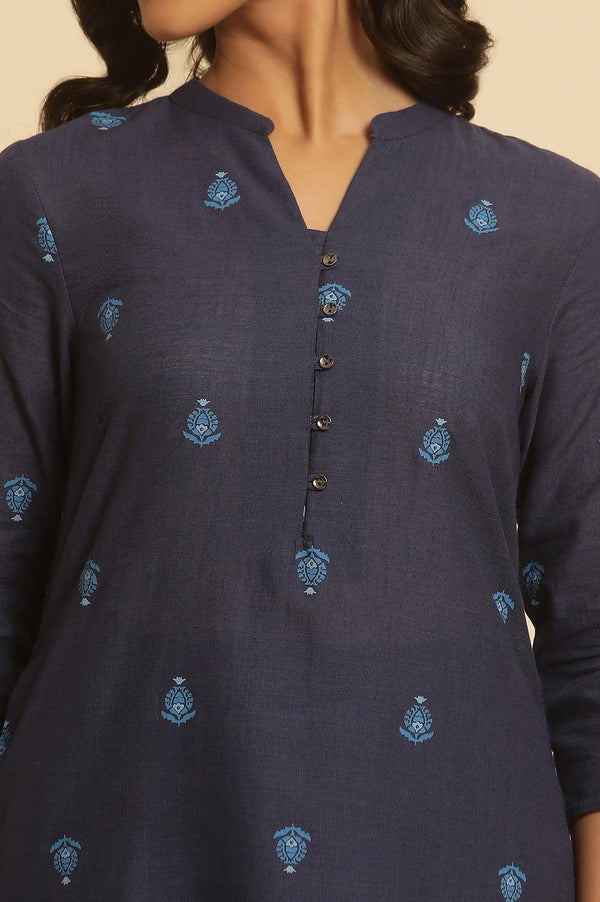 Navy Blue Printed Cotton Kurta And Pants Set