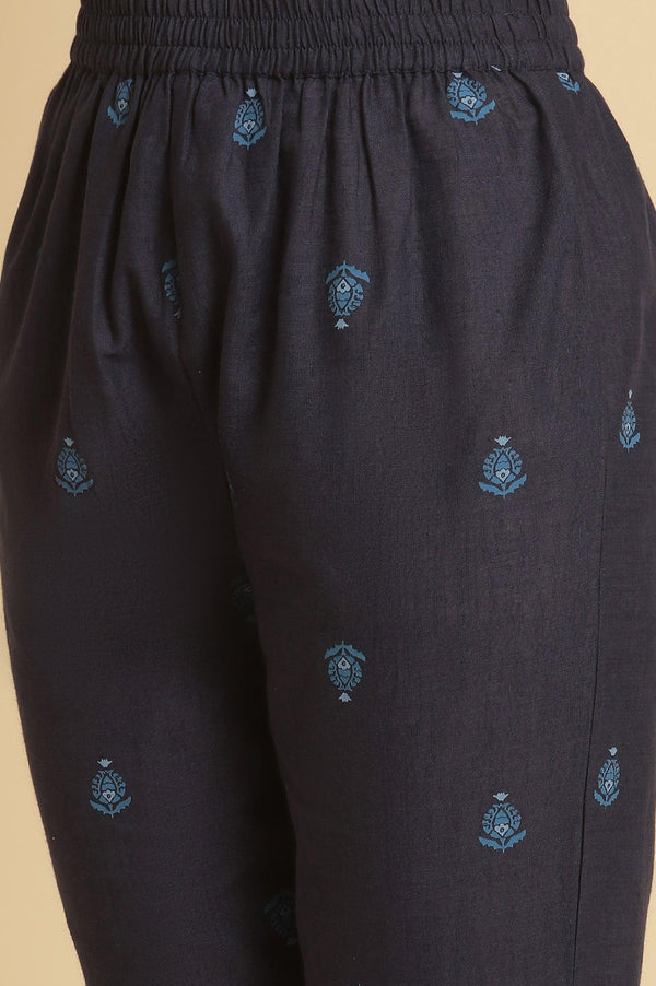 Navy Blue Printed Cotton Kurta And Pants Set