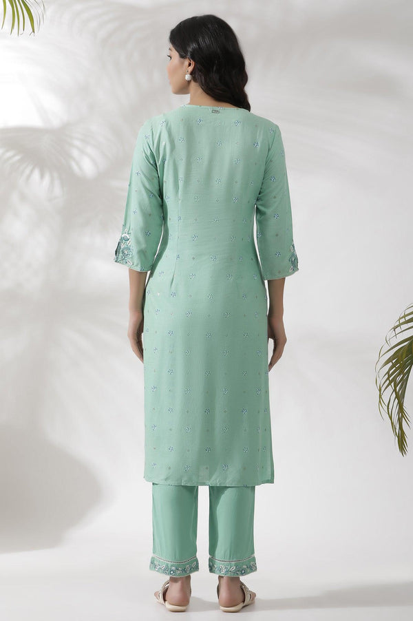 Green Floral Printed And Embroidered Kurta
