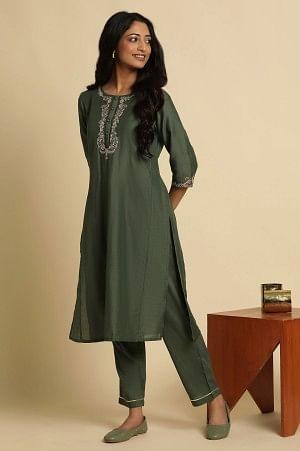 Green Metallic Embroidered Kurta And Pants Set - XS