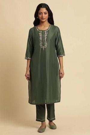 Green Metallic Embroidered Kurta And Pants Set