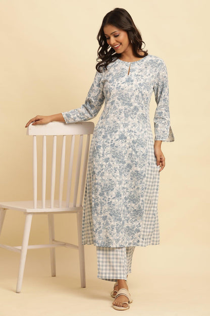Blue Checker And Floral Printed Kurta - wforwoman