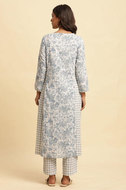 Blue Checker And Floral Printed Kurta - wforwoman