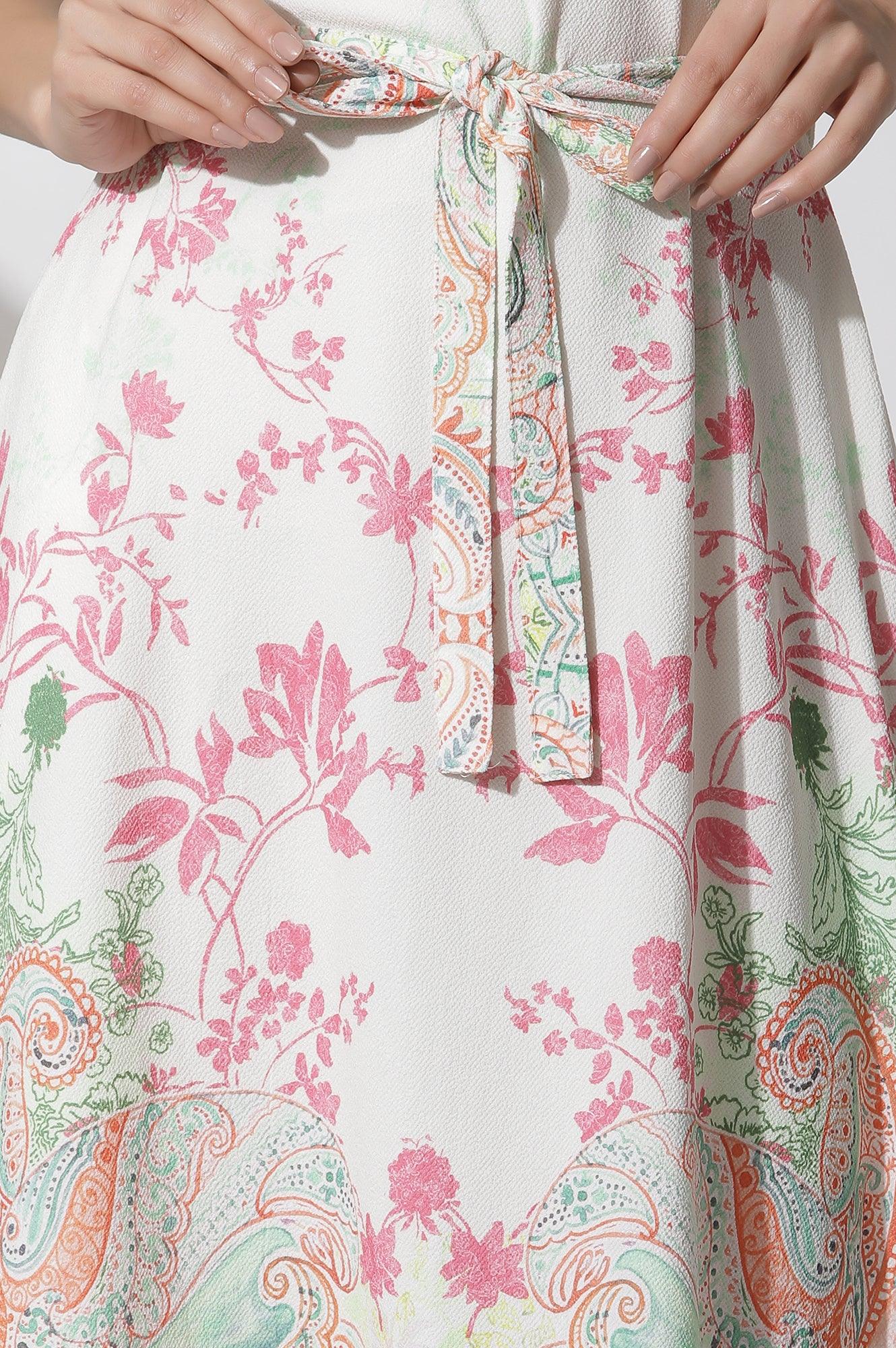 White Textured Crepe Dress In Multi-Coloured Print - wforwoman