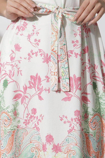 White Textured Crepe Dress In Multi-Coloured Print - wforwoman