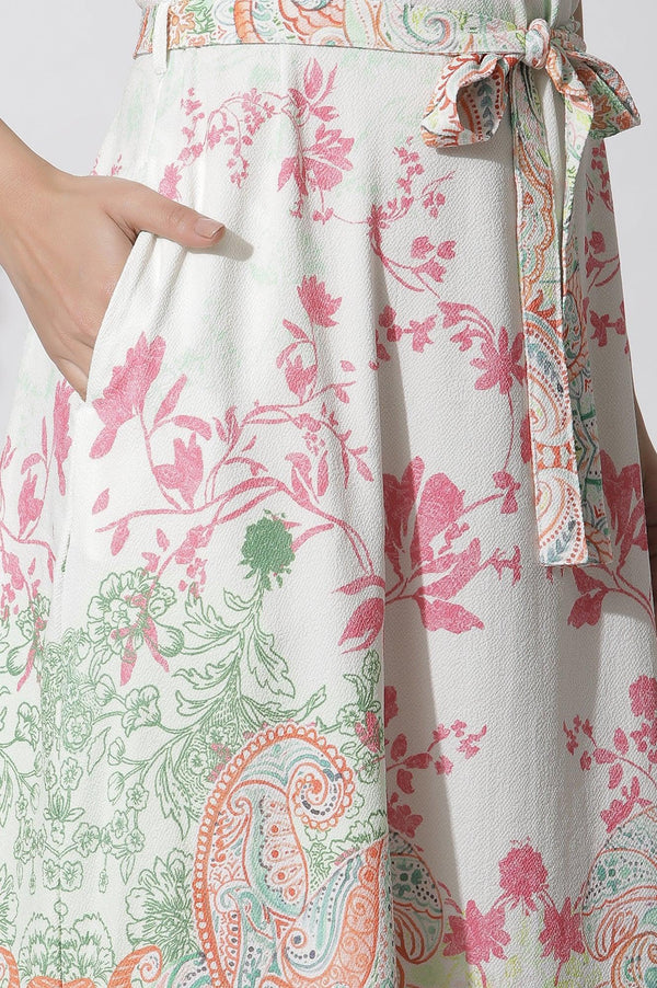 White Textured Crepe Dress In Multi-Coloured Print