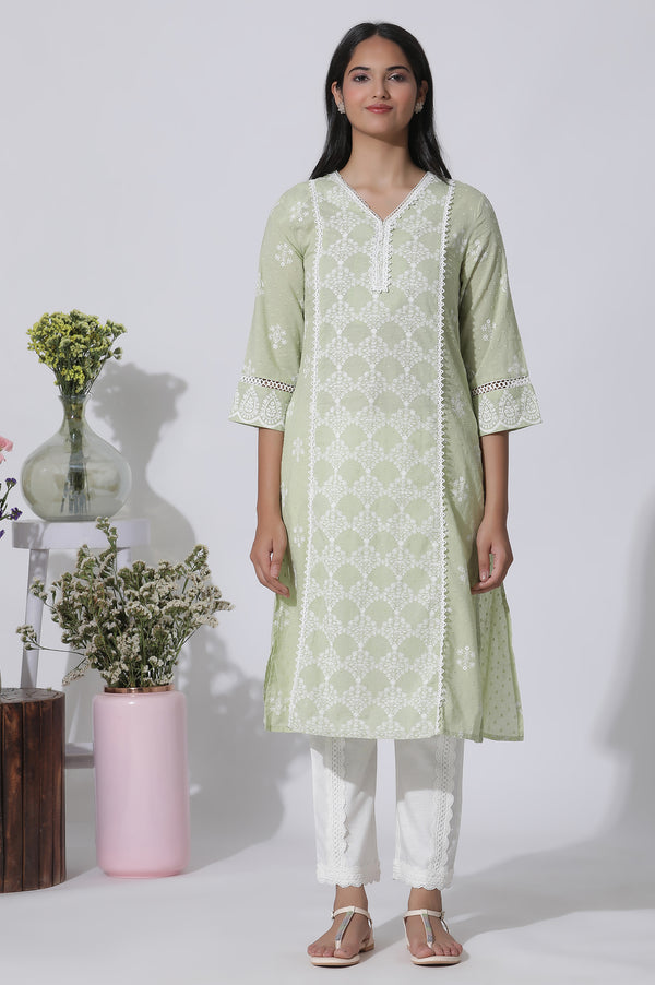 Light Green Printed Cotton Kurta with Lace Detailing