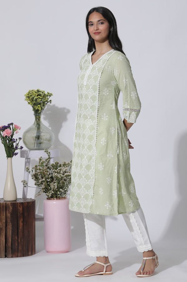 Light Green Printed Cotton Kurta with Lace Detailing
