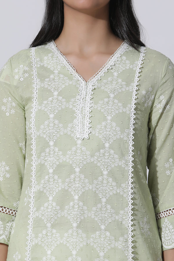 Light Green Printed Cotton Kurta with Lace Detailing