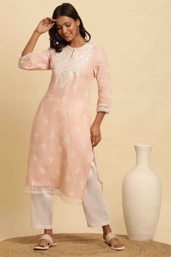 Light Pink Chikankari Embroidered Cotton Straight Kurta