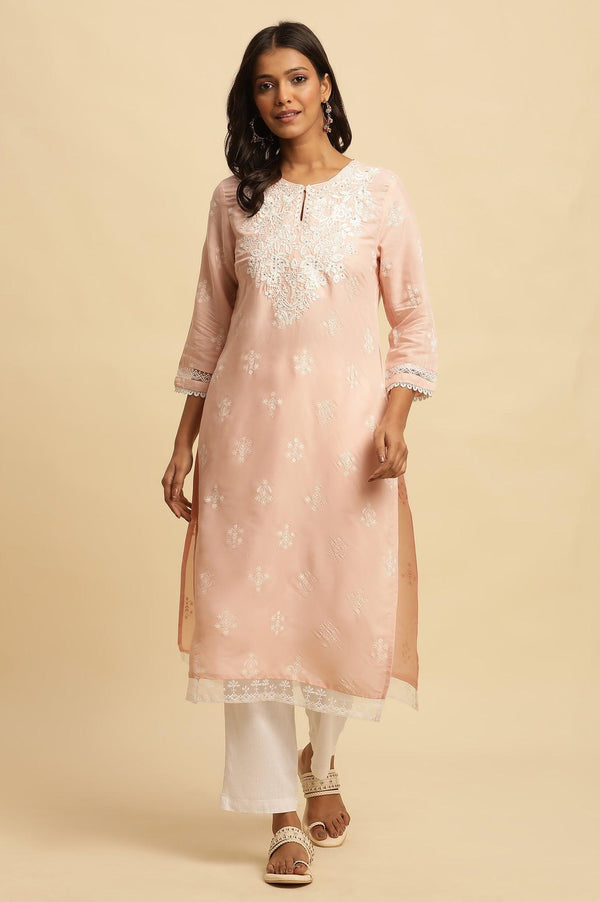 Light Pink Chikankari Embroidered Cotton Straight Kurta
