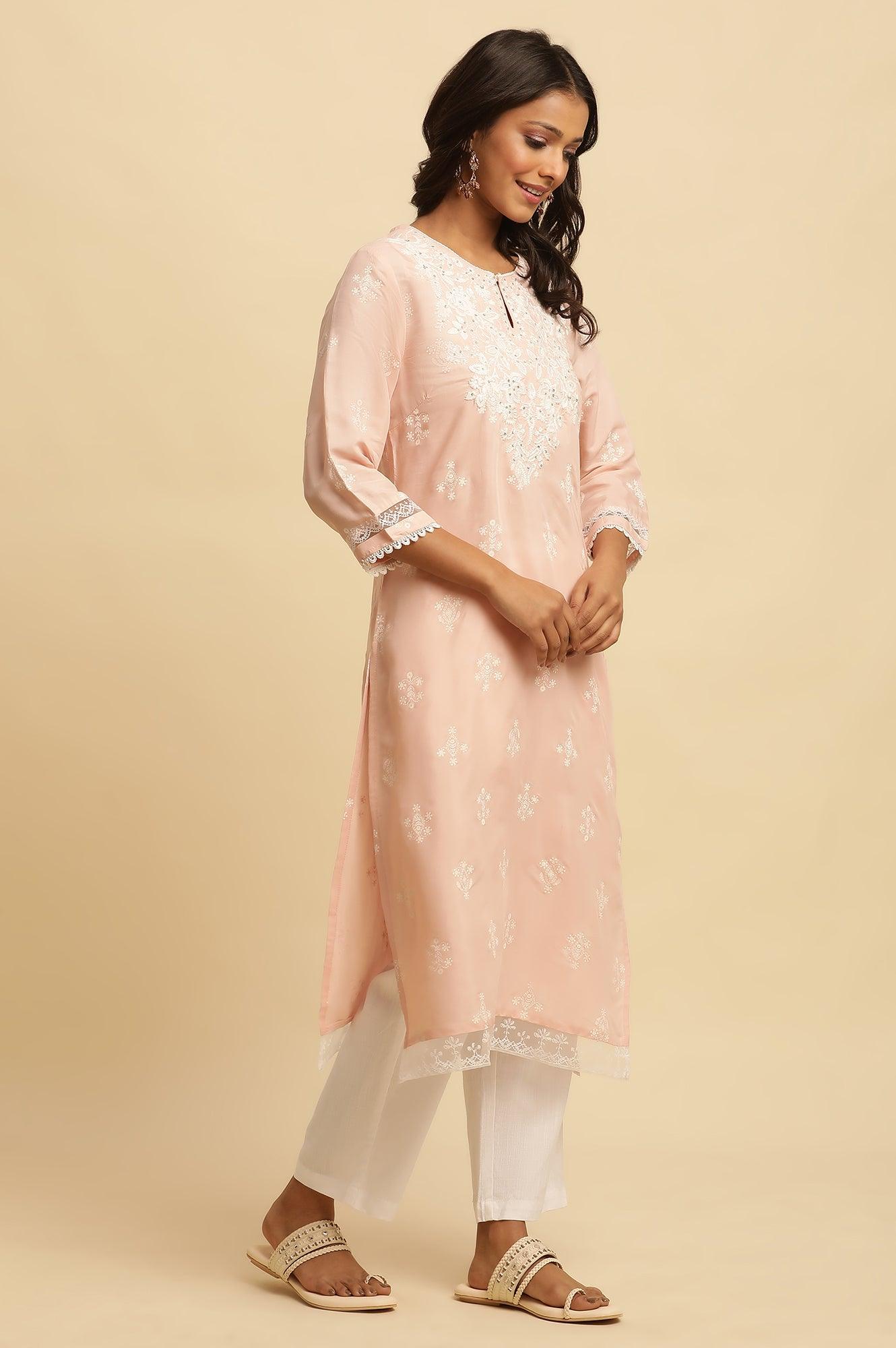 Light Pink Chikankari Embroidery Kurta - wforwoman