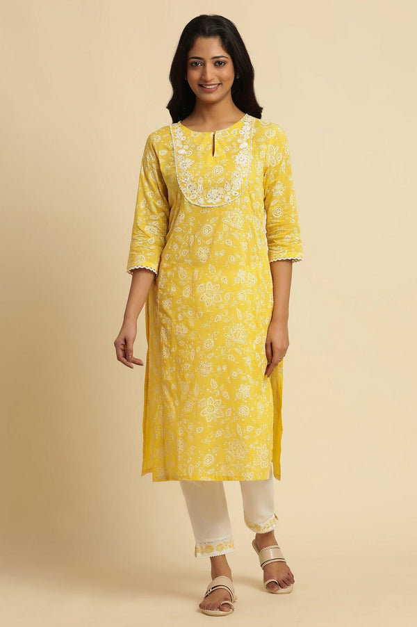 Yellow Printed A-Line Cotton Kurta