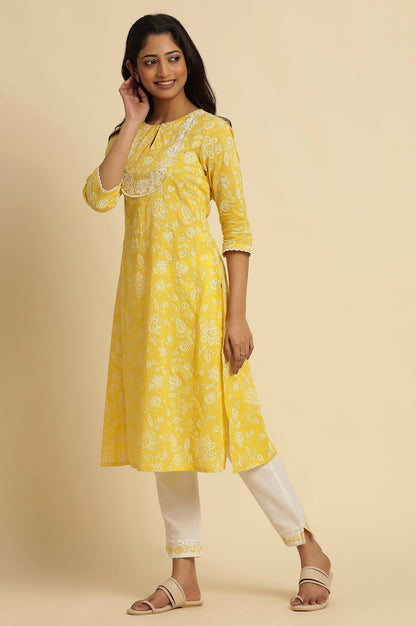 Yellow Printed A-Line Cotton Kurta - wforwoman