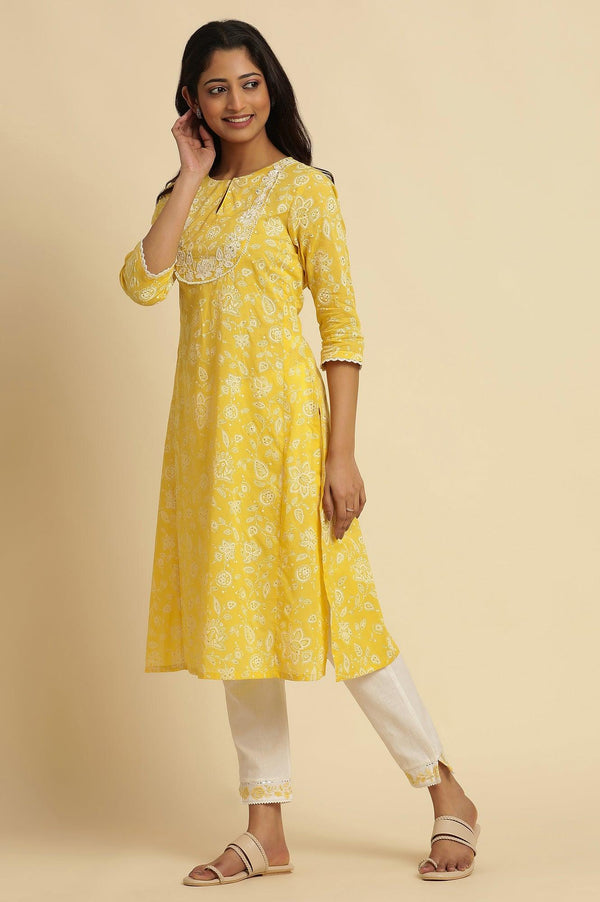 Yellow Printed A-Line Cotton Kurta