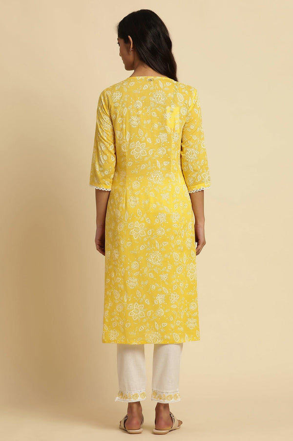 Yellow Printed A-Line Cotton Kurta