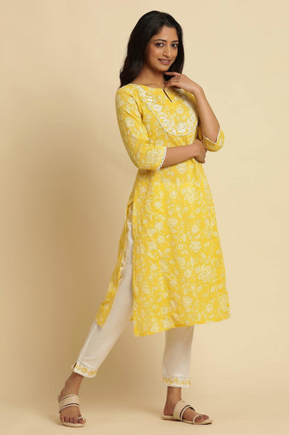 Yellow Printed A-Line Cotton Kurta - wforwoman