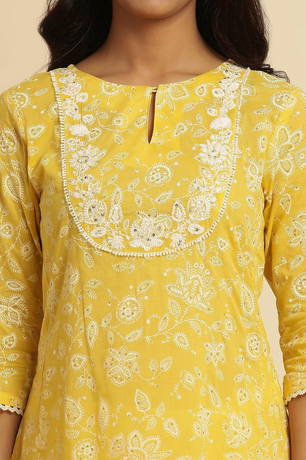 Yellow Printed A-Line Cotton Kurta