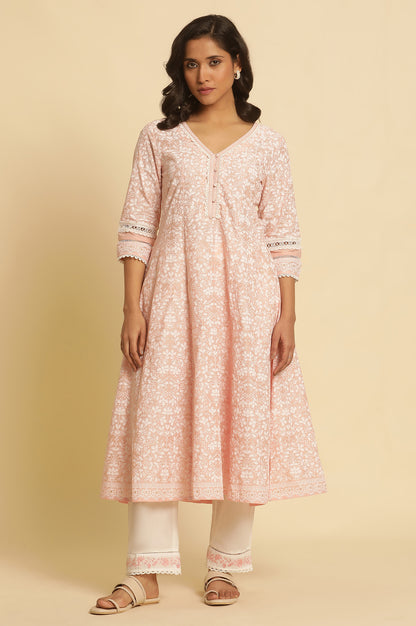 Light Pink Floral Printed Panelled Kurta