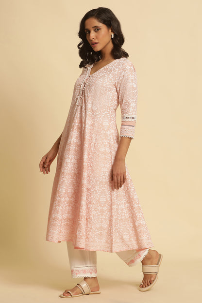 Light Pink Floral Printed Panelled Kurta