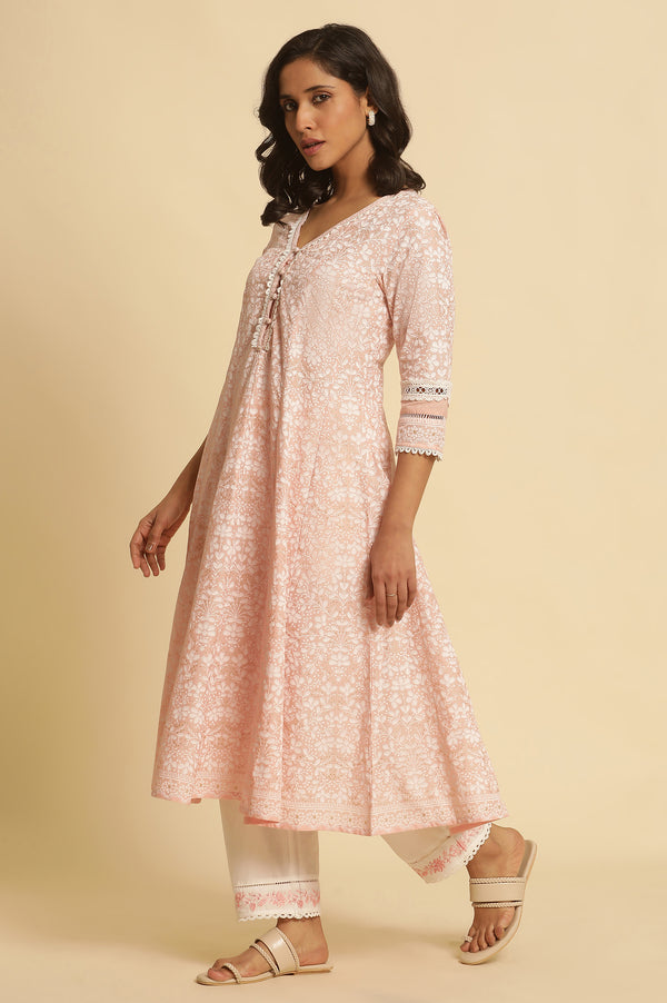 Light Pink Floral Printed Panelled Kurta