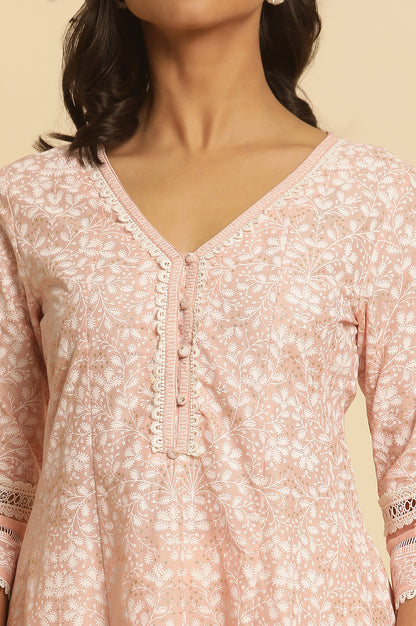 Light Pink Floral Printed Panelled Kurta