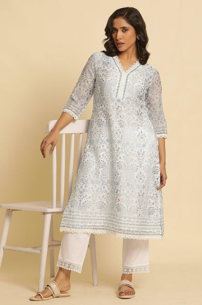 Ecru And Blue Floral Printed Kota Kurta - wforwoman