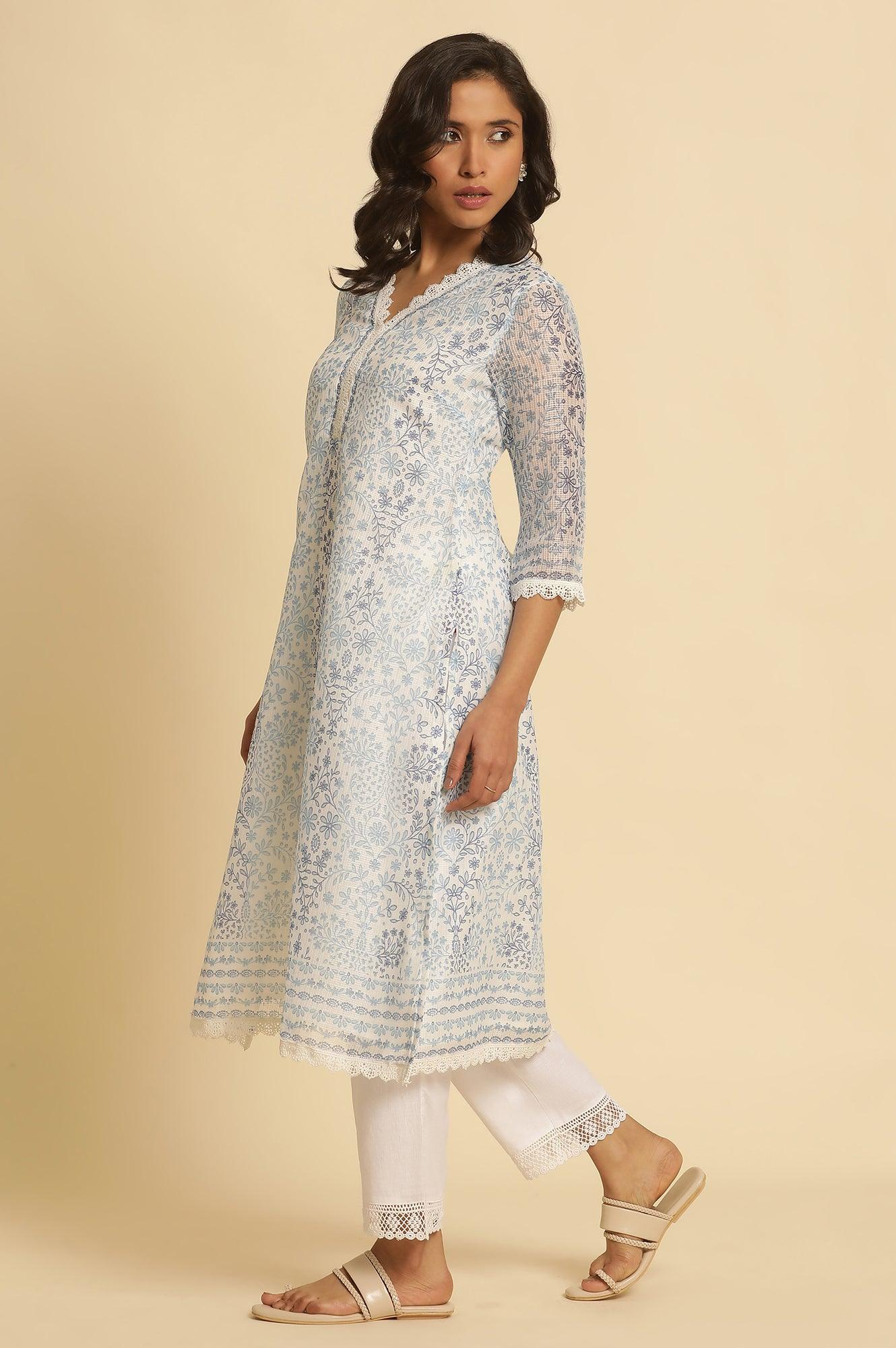 Ecru And Blue Floral Printed Kota Kurta - wforwoman