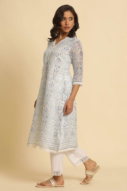 Ecru And Blue Floral Printed Kota Kurta - wforwoman