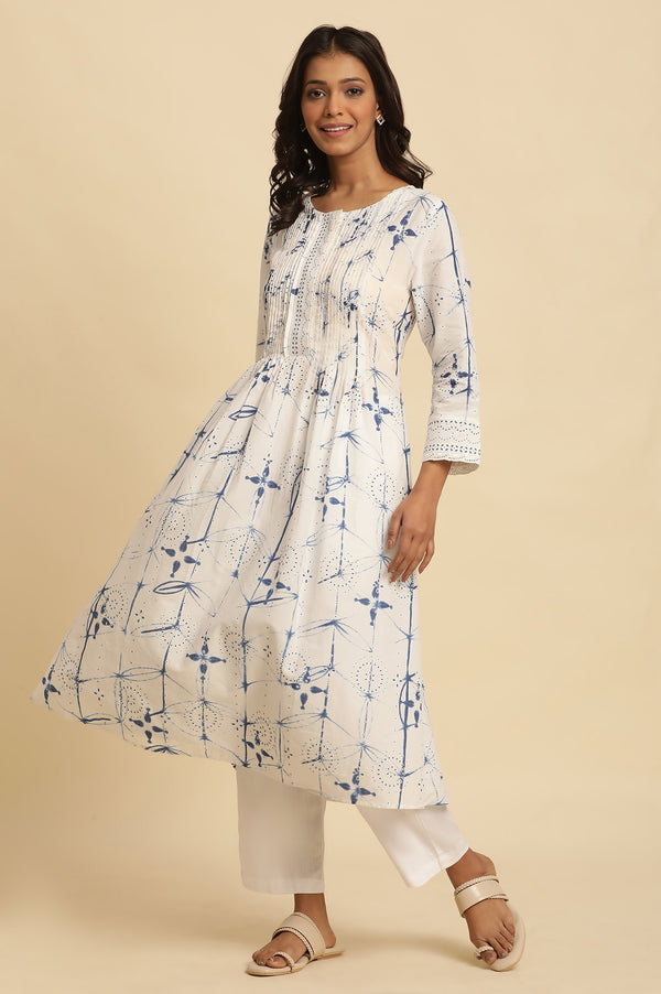 White Cotton Kurta With Blue Print