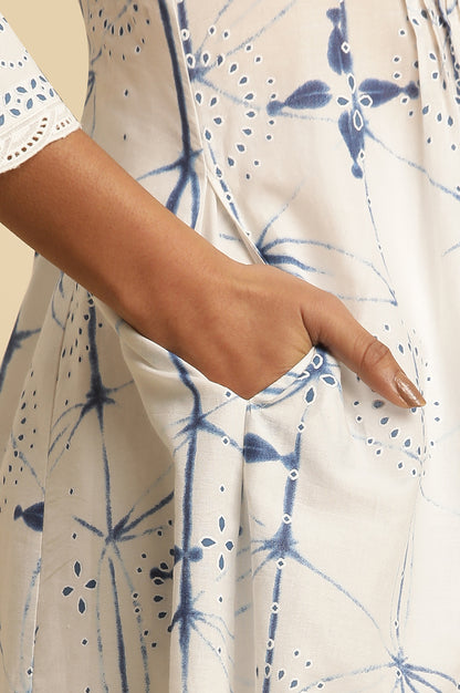 White Cotton Kurta With Blue Print