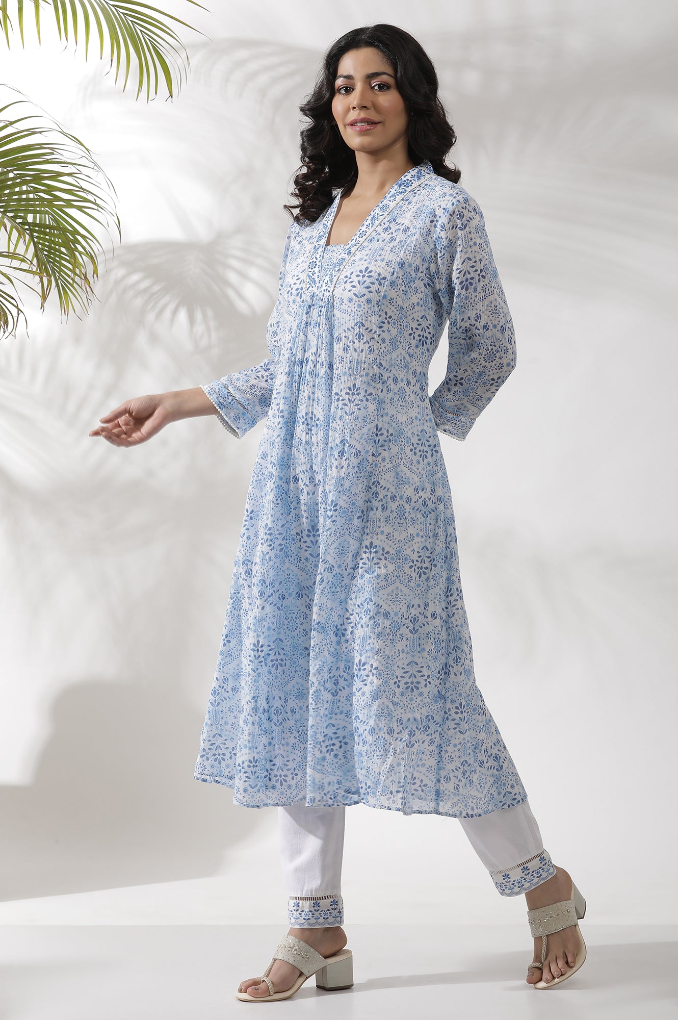 White And Blue Printed Flared Crinkle Kurta