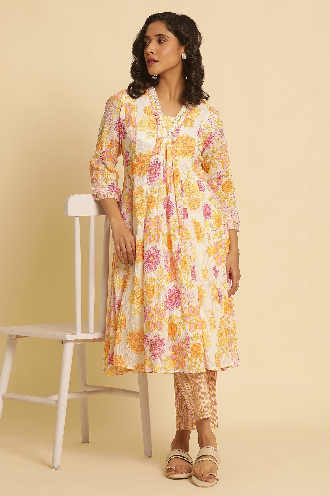 White Floral Printed Flared Kurta - wforwoman