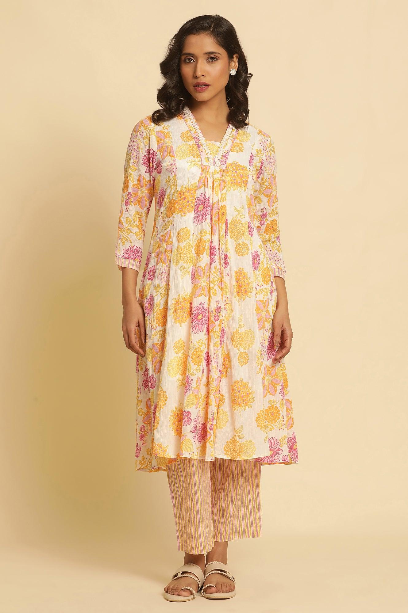 White Floral Printed Flared Kurta - wforwoman