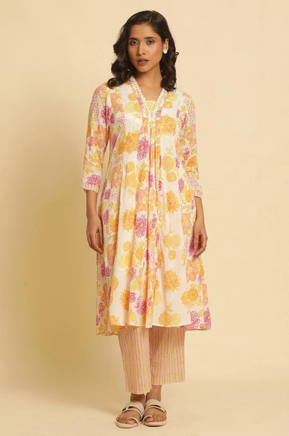 White Floral Printed Flared Kurta - wforwoman