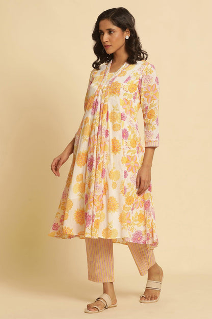 White Floral Printed Flared Kurta - wforwoman