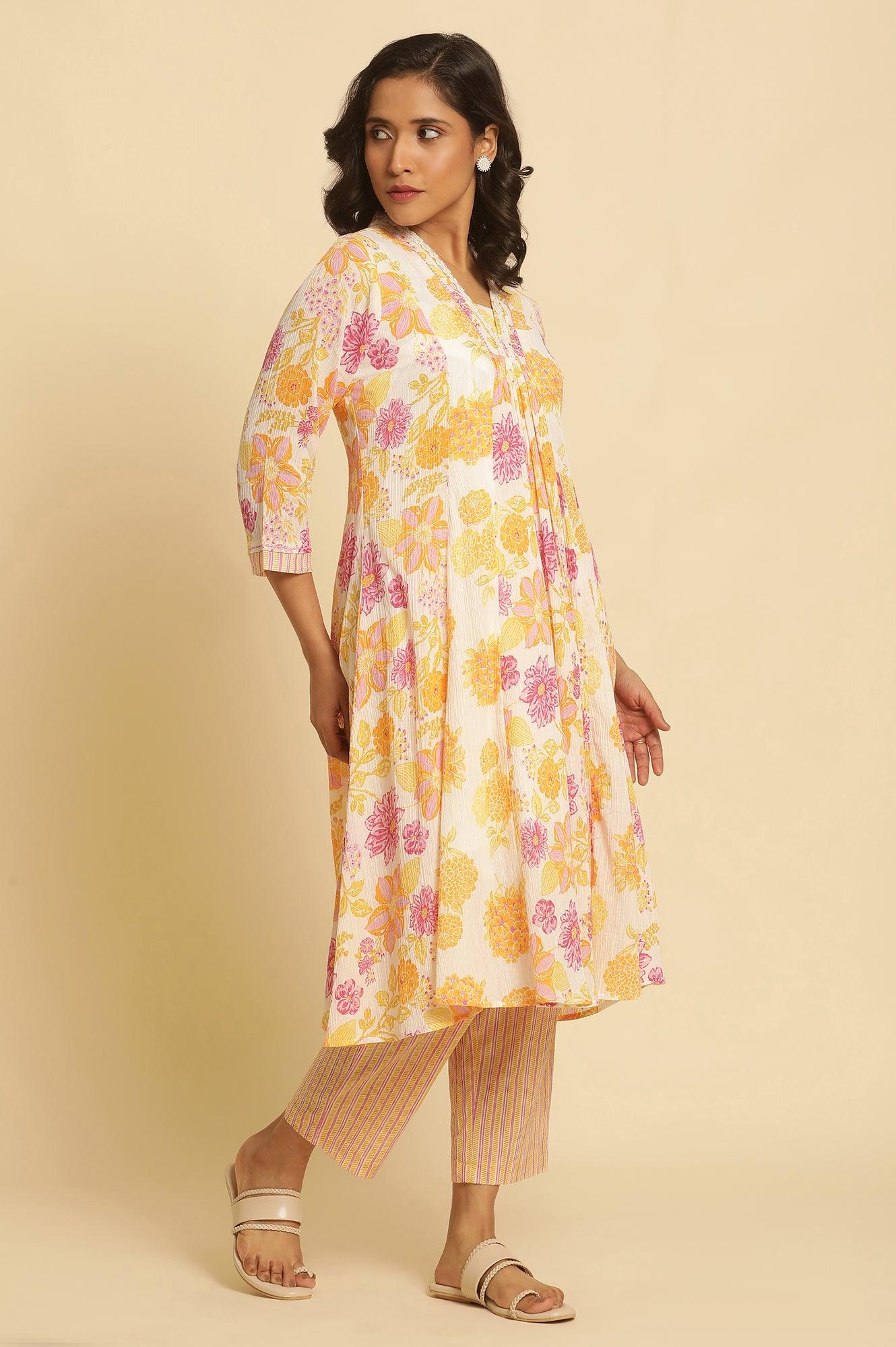 White Floral Printed Flared Kurta - wforwoman