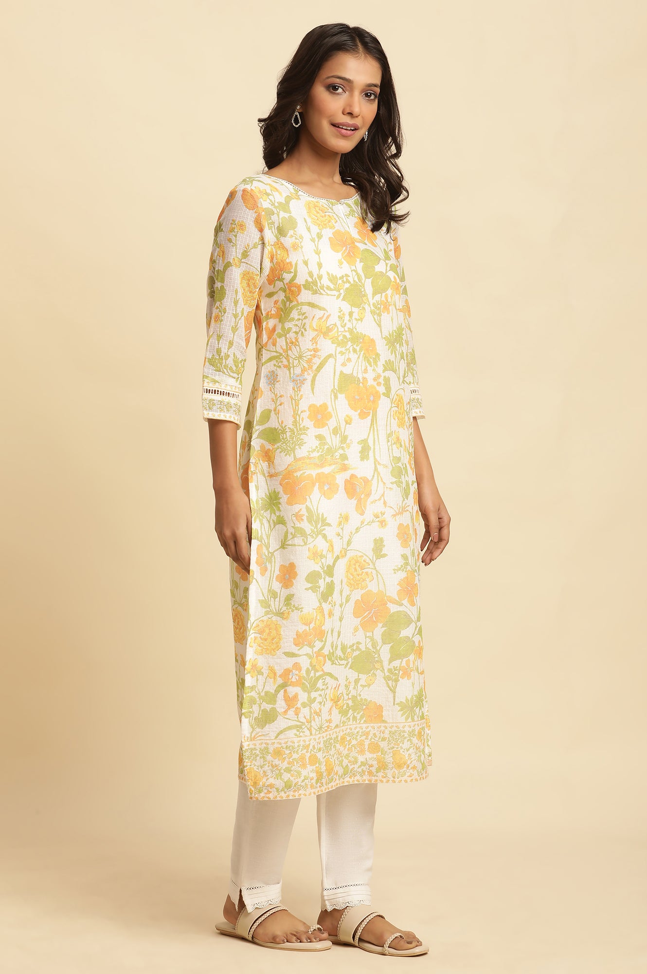 White Floral Printed Cotton Kurta