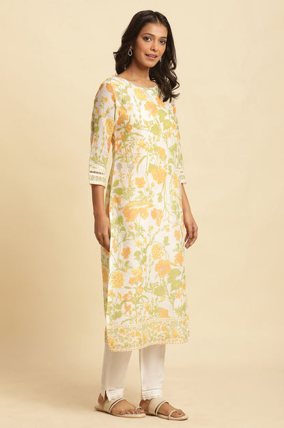 White Floral Printed Cotton Kurta