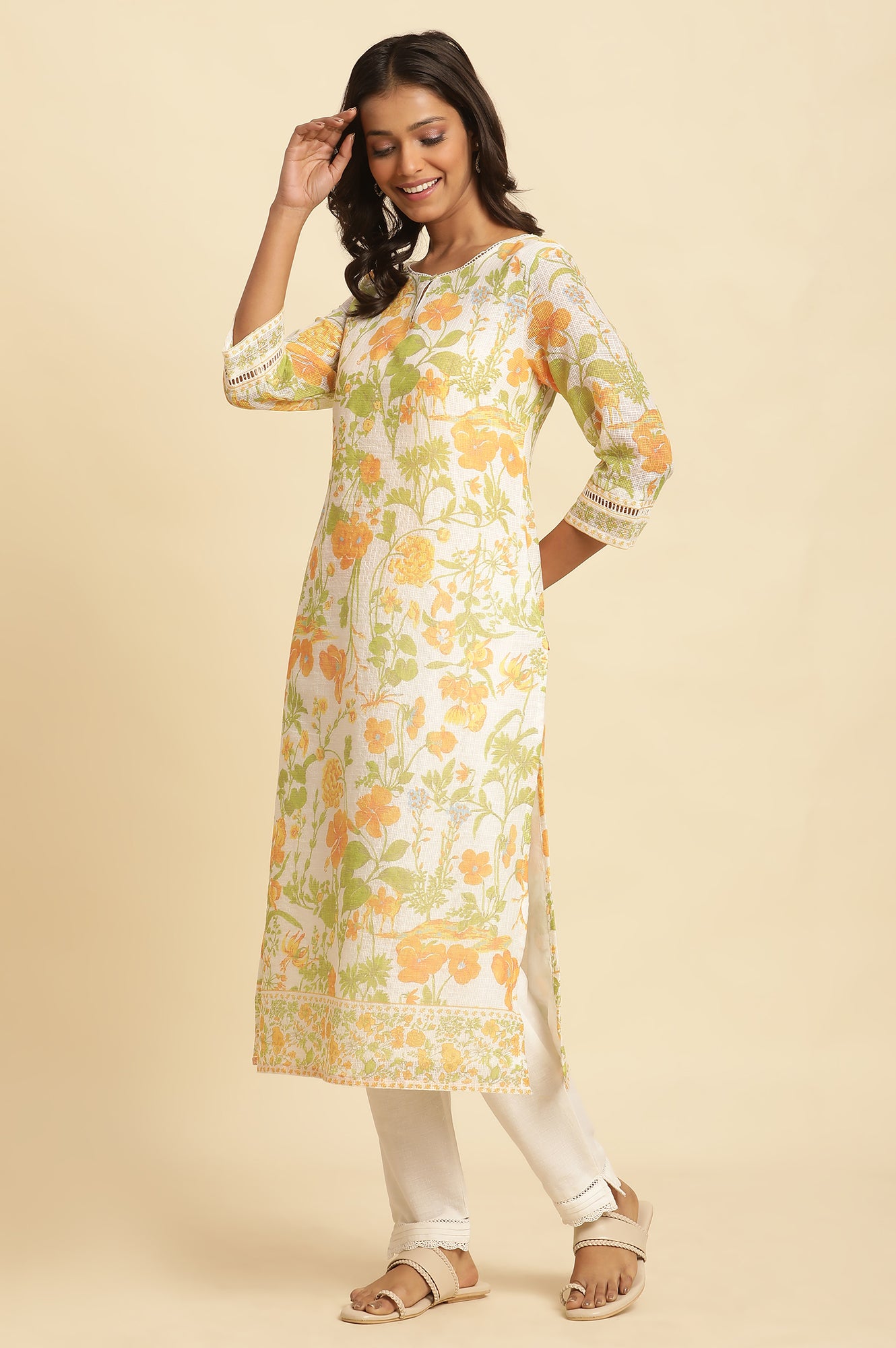 White Floral Printed Cotton Kurta