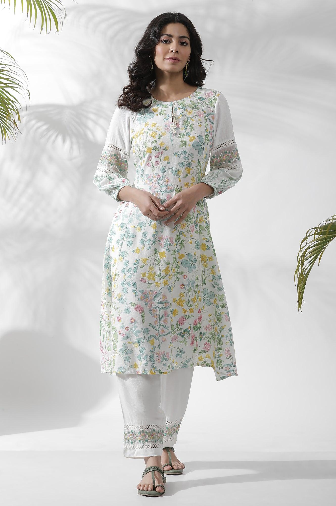 White A-Line Floral Printed Kurta - wforwoman