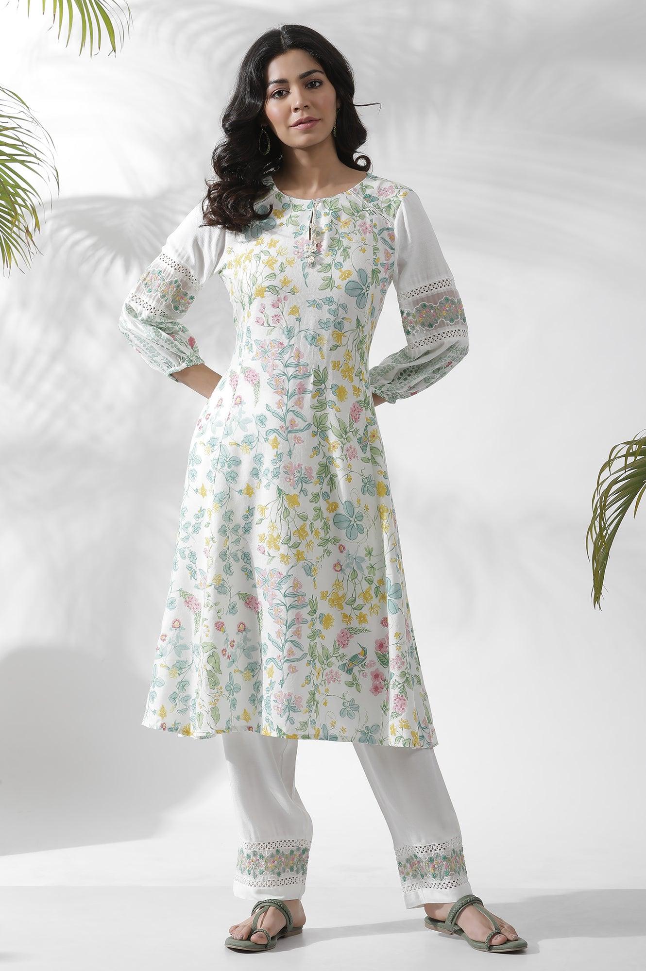 White A-Line Floral Printed Kurta - wforwoman